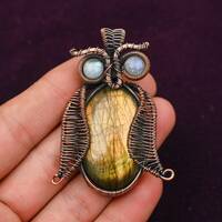 Copper Wire Wrap Owl Pendant: Yellow Labradorite Gemstone Jewelry