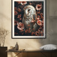 Barn Owl with pink flowers Vintage bird Art print instant Download victorian wall decor animal print