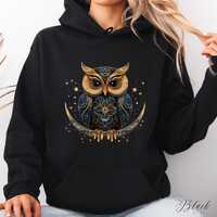 Celestial Owl Hoodie, Owl on Crescent Moon Hoody, Boho Christmas Hoodie, Folklore Vintage Hoodie, Bo