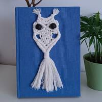 Handmade Notebook, Macramé Owl Notebook, White Notebook A5, Blue Journal, Hard cover journal