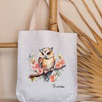 Personalized Owl Floral Tote Bag Custom Name Watercolor Owl Tote Gift for Her Tote Flower Tote Bag 1