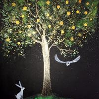 Mystical Print, Apple Tree, White Hare, White Owl, Shimmering Print, Quality Print