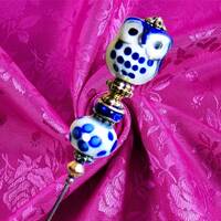 HATPIN with Cute Blue OWL Hand Made Ceramic, Beads & Rhinestones - 8 inch Brass.