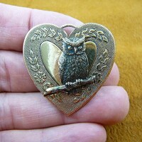 Owl perched night bird heart lover I love owls birds on flower scrolled heart brass pin B-Bird-351