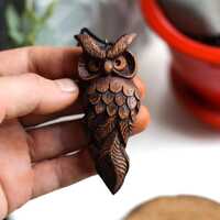 Mystical Carved Wood Owl Pendant with Wing &ndash; Handcrafted Wooden Amulet. Dark academia style