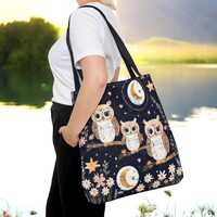Whimsical Owl Family Tote Bag – Celestial Moon Star Midnight Bird Print Floral Canvas Shoulder