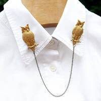 Brass Owl Collar Brooch, Double Bird Chain Pin for Shirts or Sweaters, Woodland Forest Nature Access