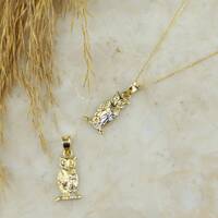 Handmade 14k Solid Gold Night Owl Necklace for Her , Minimalist Animal Yellow White Gold Owl Pendant