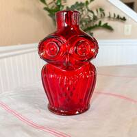 Vintage MCM Viking Glass & Rainbow Owl Bottle Decanter Ruby Red