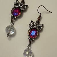 Iridescent RHINESTONE OWL Dangle EARRINGS Nickel Free Hooks 2.5" Long Beautiful Glass Beads Bra