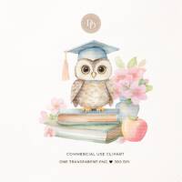 Graduating Owl, Owl Back To School Clipart, Watercolor Owl, Teacher Clipart, Owls Png, Stack Of Book