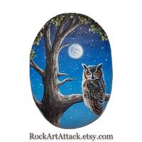 Great horned owl sitting on a tree branch in the moonlight hand painted on stone! Original acrylic p