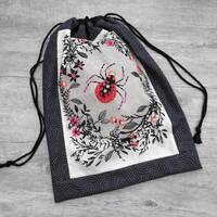 Large Project Drawstring Bag, Goth Spider and Owls, Handmade, Fully-Lined Reusable Gift Bag, Large C
