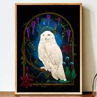 Snowy Owl Art Print: Magical Cottagecore Garden, Woodland Animal