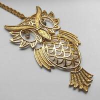 Vintage 70s Oversized Owl Pendant Necklace, Gold Metal Rhinestone Jewelry