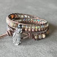 wrap bracelet beaded leather - owl jewelry - miyuki glass/iridescent crystals/agate gemstone - natur