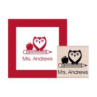Owl with Pencil and Apple Teacher Personalized Rubber Stamp