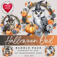Halloween Owl Wreath Clipart: Watercolor PNG Bundle (Digital Download)