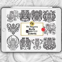 Owls Procreate Stamps Art Nouveau Procreate Brushes Vintage Owl Birds Stamps Retro Owls Procreate Ow