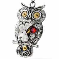 Steampunk Owl Pendant Necklace &ndash; Watch Movement Jewelry with Red Crystal &ndash; Silver Mechan