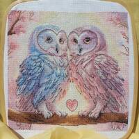 Love Owls cross stitch pattern, Owl Couple x-stitch, he & she watercolor design, birds on branch