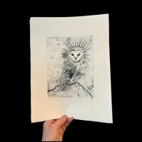 Owl Drypoint Etching, Spirit Animal Series