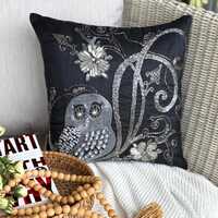 Black Sequin & Beaded Owl Art Silk Throw Pillow Cover, 16x16 Modern Birds Design Cushion Cover -