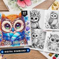 60 Floral Baby Owl Coloring Book, Animal Coloring Book, Coloring Sheets, Cute Coloring For Adults an