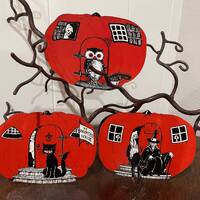 Choice of 3, Sizes Up To 14" Vintage Style Pumpkin Haunted House  Cat, Witch or Owl Halloween H