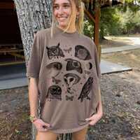 Vintage Owls and Moon Tshirt Bird Nerd Shirt Insect Moth Indie Graphic Tee Owl Lover Gift 90s Wildli