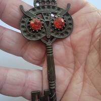 Bronze Tone Owl Key Pendant Necklace with Rhinestones