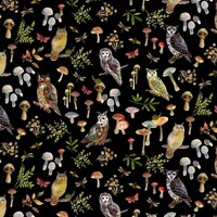 Owls and Mushrooms Black Wild Wonder Digital Clothworks Fabric