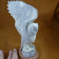 XL white Horned Owl wings up of shed ANTLER figurine Bali detailed carving of shed Moose antler disp