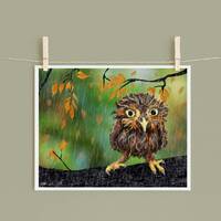 Wet Owl Art Print: Rainy Day Mixed Media Collage (8x10)