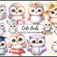 Watercolor cute Owls Clipart - nursery art watercolor woodland PNG format instant download for comme
