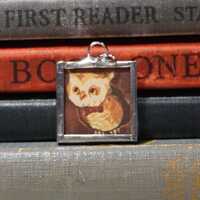 Owl in Bow Tie Pendant - Soldered Glass Charm made with Vintage Book Illustration  - Kitschy Owl Jew
