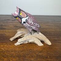Hand Carved Great Horned Owl Figurine on Driftwood