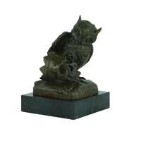 Bronze Sculpture of an Owl Sitting Next to a Crowned Skull Symbolic Art Statue Bronze Owl Sculpture 