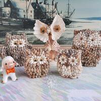 vintage shell owl ornaments | 1970s handcrafted kitsch owl figurines made with seashells, most likel