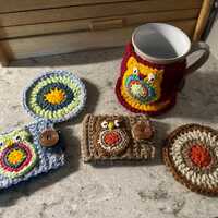 Crocheted Owl Mug Hugger, coaster, Colorful Design.
