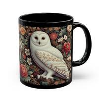 White Owl Mug William Morris Inspired Owl Among Flowers Black Coffee Mug Cottagecore Teacup Vintage 