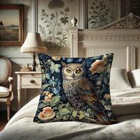 Owl Pillow, William Morris Inspired Bird of Prey, Gothic Cushion, Naturecore Night Bird, Rustic Home
