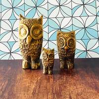 Brass Mid Century 3 Pc Owl Family Set Shelf Decor Paperweight Vintage 1960s