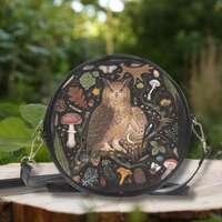 MYSTICAL OWL Round Crossbody Bag, Vegan Leather Purse, Forestcore Messenger Bag, Enchanted Forest Sh