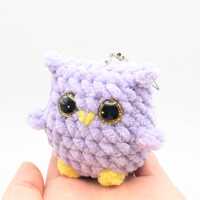 Owl Violet Yellow Crochet Plushie Toy Amigurumi Soft  Stuffed Animal Handmade Small Mini Keychain Ch