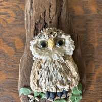 vintage Owl and Mouse on driftwood.