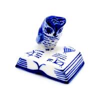 Miniature Ceramic Owl on Book Bird Animal Cute Little White Blue Figurine Small Statue Tiny Decorati