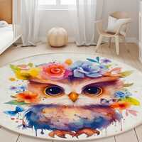Cute Owl Art Print Round Rug | Watercolor animal with flowers and Butterflies for kids room or any s