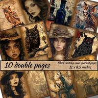 Black Witchy Junk journal paper, Black Owl Junk Journal Pages, Dark Witch Fantasy, Magical Witchy Ju