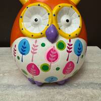 Hand-painted Ceramic Owl Coin Bank with Floral Polka Dots